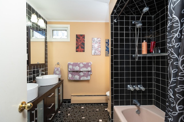4 Park Pl, Oyster Bay, NY 11771 - bathroom featuring double vanity, a sink, shower / bath combo with shower curtain, a baseboard heating unit, and crown molding