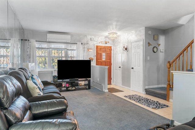 tiled living area featuring stairway, baseboards, a wall unit AC, and carpet floors