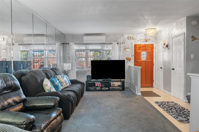 carpeted living area featuring tile patterned flooring and a wall mounted AC