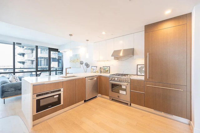 kitchen featuring under cabinet range hood, light wood-type flooring, a peninsula, stainless steel appliances, and a sink