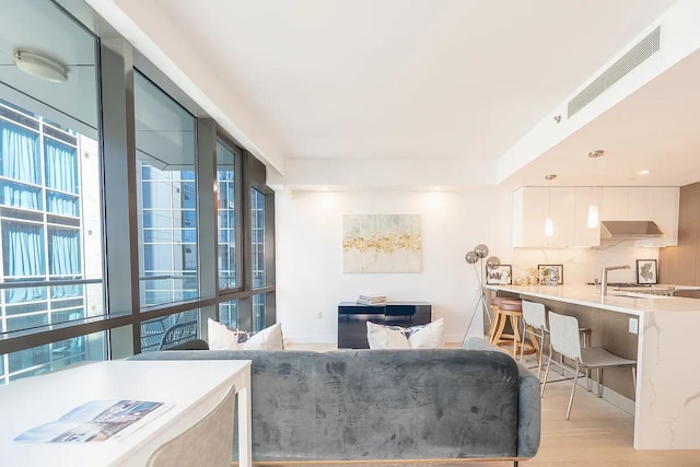 living area featuring visible vents and light wood-style flooring