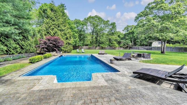 26 Boxtree Rd, East Quogue, NY 11942 - view of pool with a patio, outdoor dining area, and view of wooded area