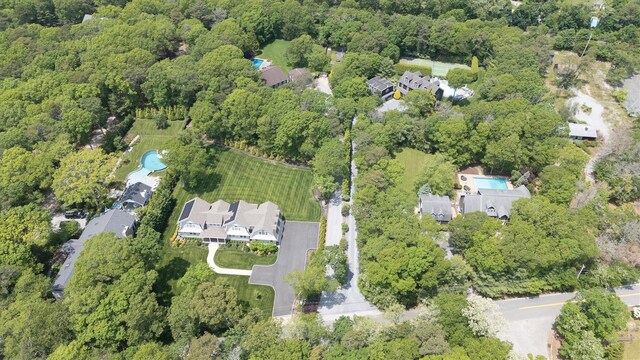26 Boxtree Rd, East Quogue, NY 11942 - aerial overview of property's location featuring a forest and a pool