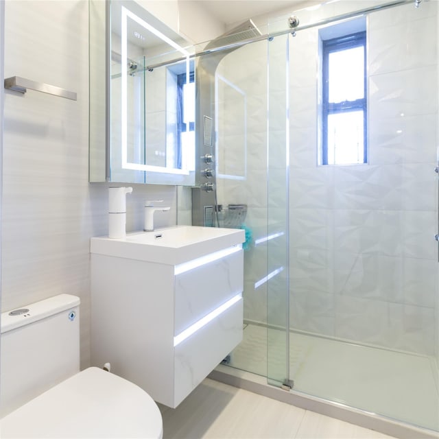 bathroom with vanity, a shower stall, toilet, and tile walls