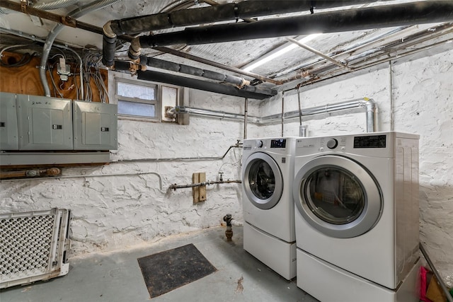 laundry room with electric panel, separate washer and dryer, and laundry area