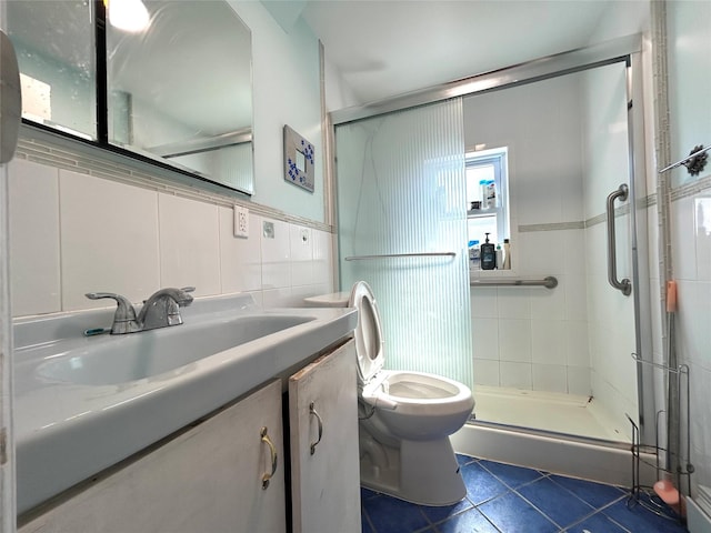 bathroom featuring a shower stall, tile walls, toilet, tile patterned floors, and vanity