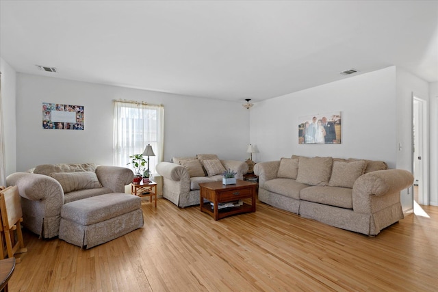 living area with visible vents and light wood finished floors