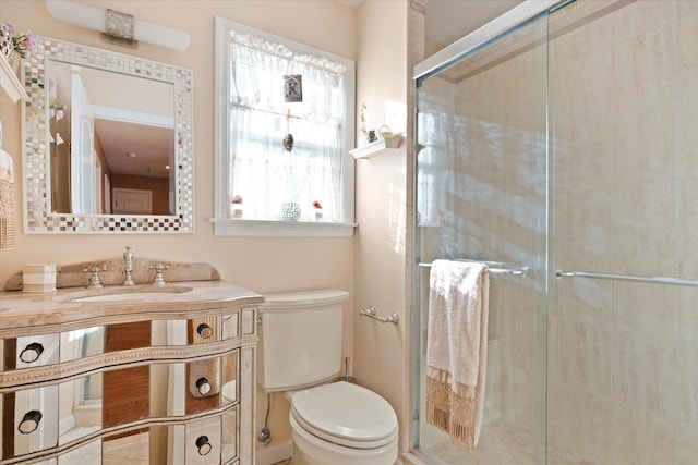 full bath with a shower stall, toilet, and vanity