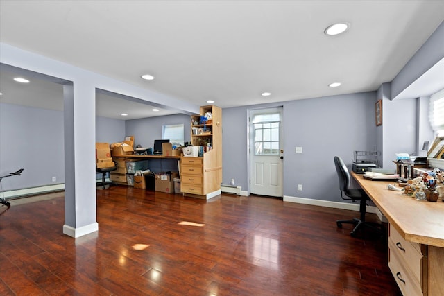 home office with recessed lighting, wood finished floors, baseboards, and a baseboard radiator