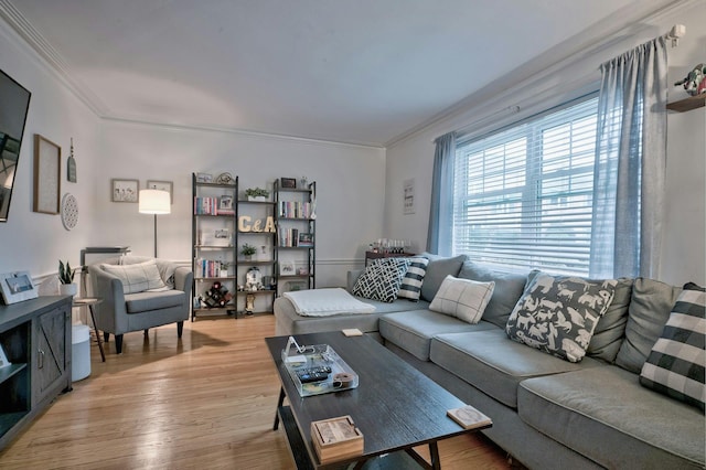 living room with crown molding and light wood finished floors