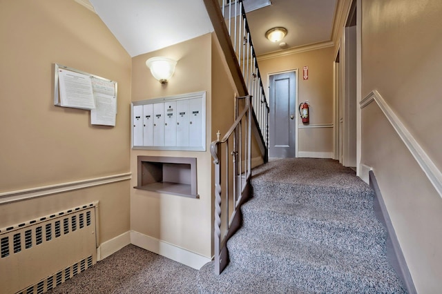 staircase featuring mail area, radiator heating unit, baseboards, carpet, and lofted ceiling