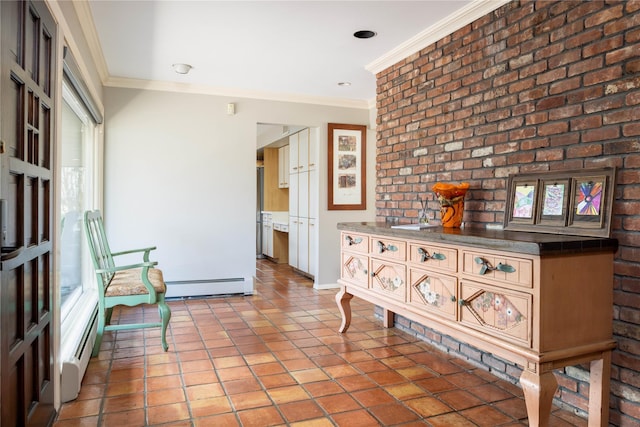 interior space with light tile patterned floors, crown molding, brick wall, and a baseboard heating unit