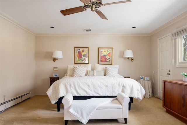 bedroom featuring visible vents, light colored carpet, ornamental molding, and a baseboard radiator