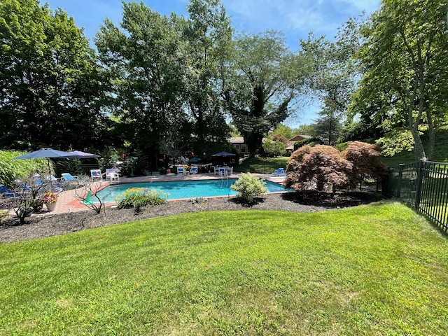 pool featuring a patio area, a lawn, and fence