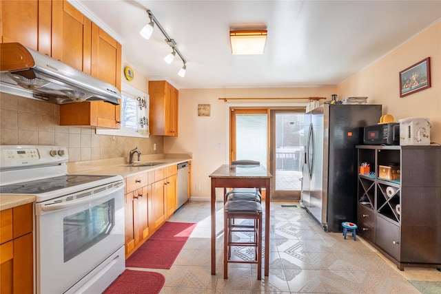 kitchen with under cabinet range hood, stainless steel appliances, light countertops, and a sink