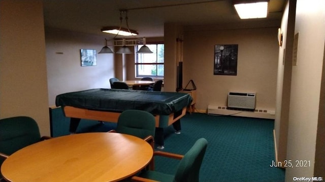 playroom with billiards, carpet, and a wall mounted AC