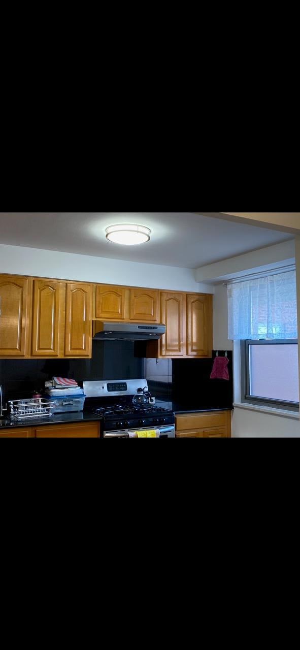 kitchen featuring gas stove, dark countertops, and under cabinet range hood