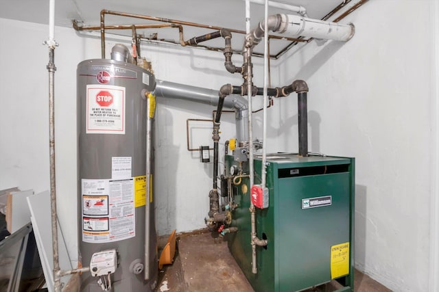 utility room with gas water heater and a heating unit