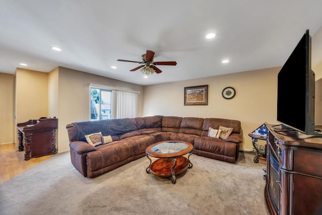 living room featuring recessed lighting, baseboards, carpet, and a ceiling fan