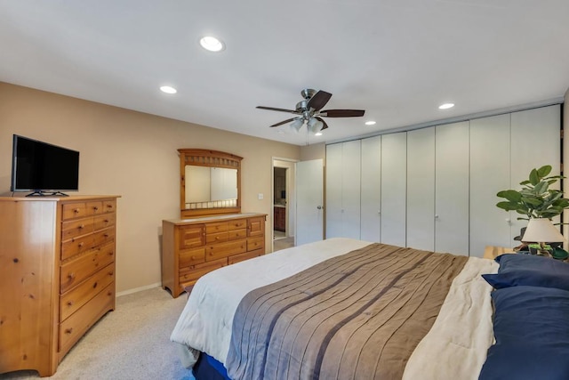 bedroom featuring recessed lighting, light colored carpet, and ceiling fan