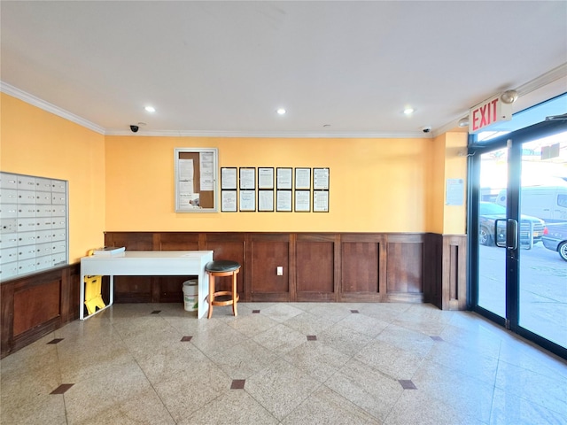 unfurnished office with recessed lighting, wainscoting, mail area, and ornamental molding