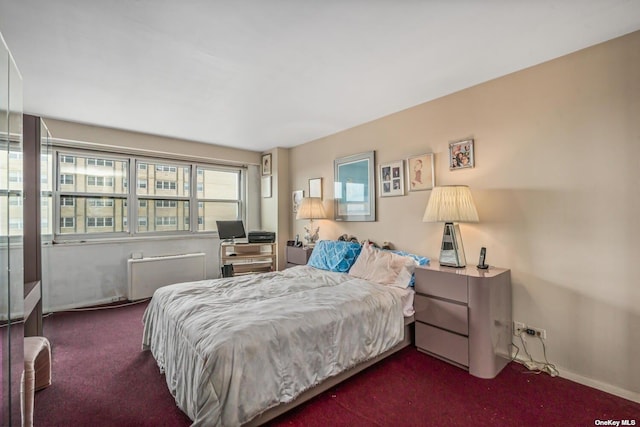 bedroom featuring radiator and carpet