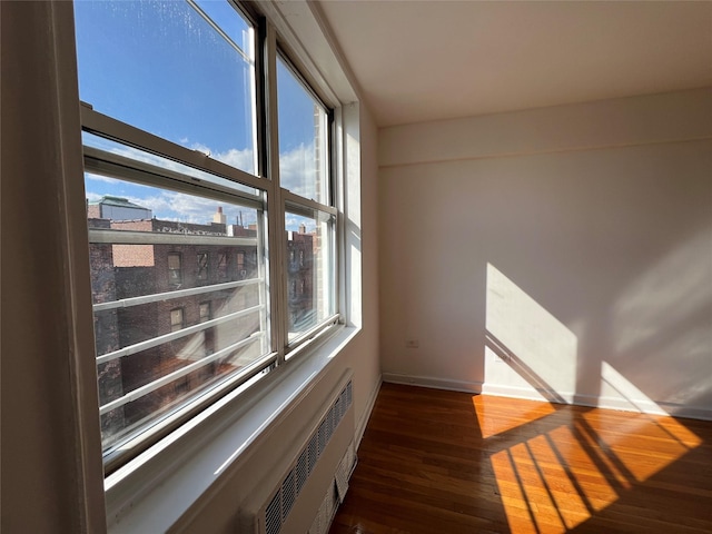 interior space featuring radiator, baseboards, and wood finished floors