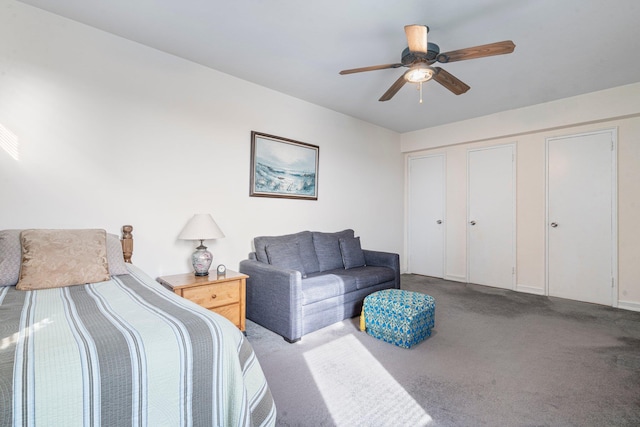 carpeted bedroom featuring a ceiling fan