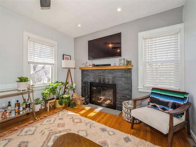 living room with hardwood / wood-style floors and a fireplace