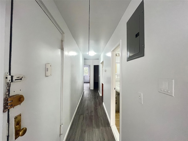 corridor with electric panel, dark wood-style floors, and baseboards