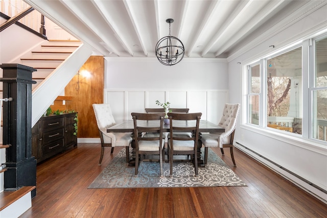 dining area featuring a chandelier, beamed ceiling, stairs, hardwood / wood-style flooring, and a baseboard radiator