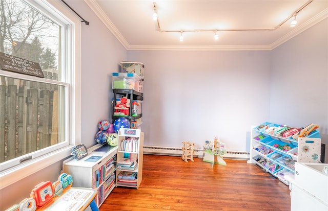 recreation room featuring crown molding and wood finished floors