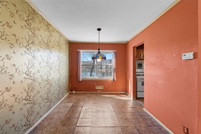 unfurnished dining area featuring wallpapered walls, baseboards, and ornamental molding