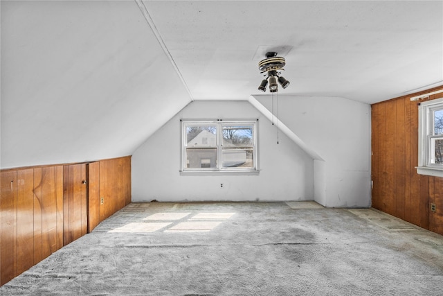 bonus room featuring a wealth of natural light, wood walls, and carpet flooring