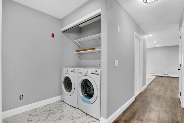 laundry room featuring baseboards, laundry area, recessed lighting, marble finish floor, and separate washer and dryer