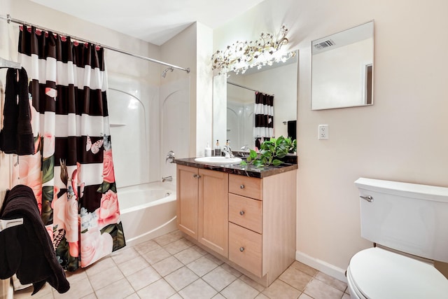 full bathroom featuring visible vents, shower / bathtub combination with curtain, toilet, tile patterned flooring, and vanity