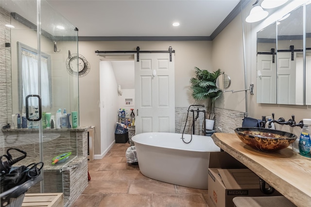 bathroom featuring a soaking tub, ornamental molding, a stall shower, and a sink