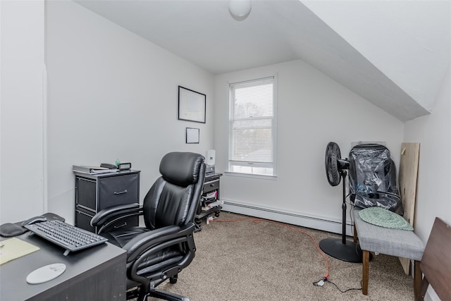 office with a baseboard radiator, carpet, and vaulted ceiling