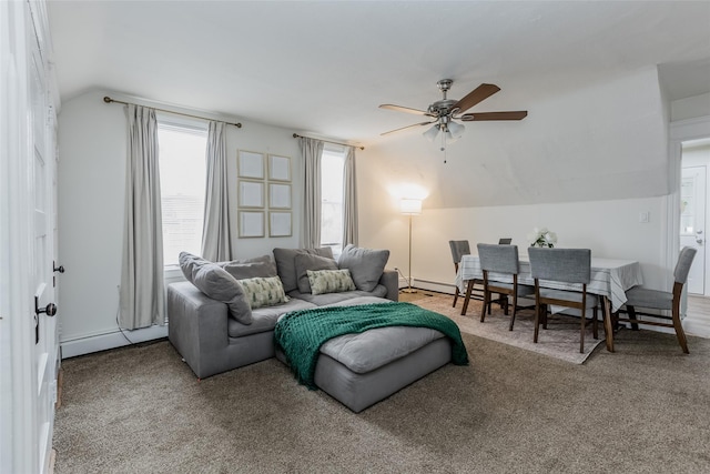 living area featuring a ceiling fan, a baseboard heating unit, carpet, and vaulted ceiling