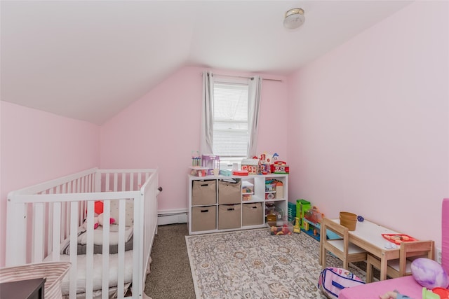 bedroom featuring baseboard heating, carpet, and vaulted ceiling