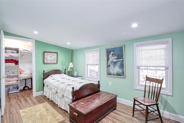 bedroom featuring a spacious closet, multiple windows, and wood finished floors