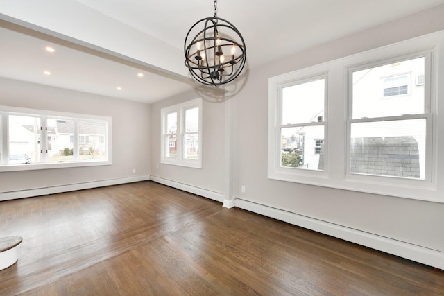 interior space featuring dark wood-style floors, baseboards, a baseboard radiator, recessed lighting, and a chandelier