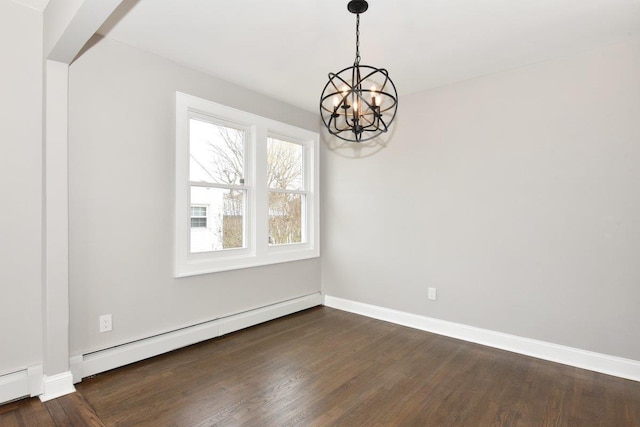 unfurnished dining area with a baseboard heating unit, dark wood-style floors, baseboards, and a chandelier