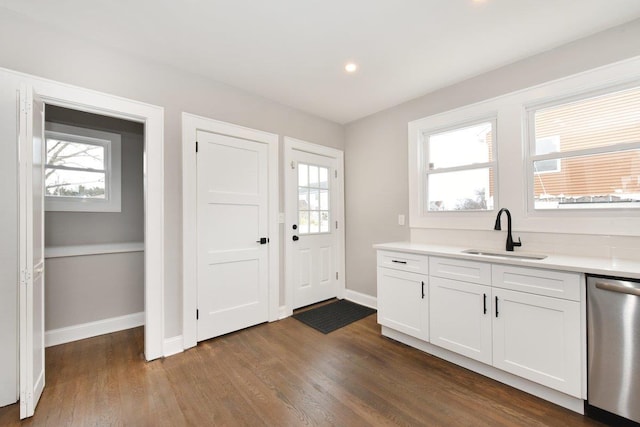 kitchen featuring dishwasher, dark wood-type flooring, plenty of natural light, and a sink