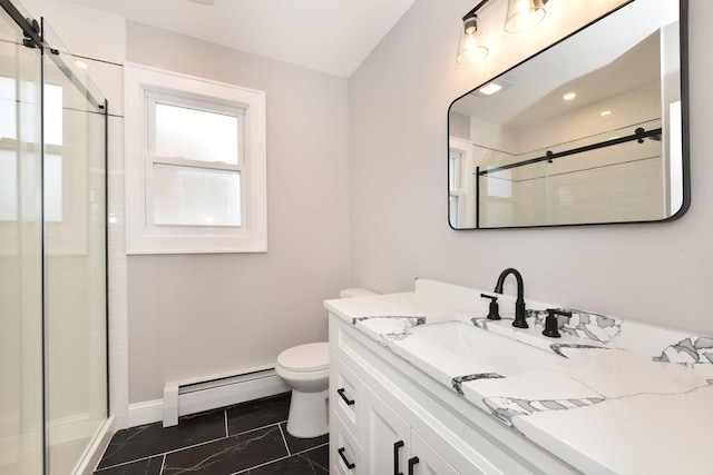 bathroom with toilet, baseboard heating, a stall shower, marble finish floor, and vanity