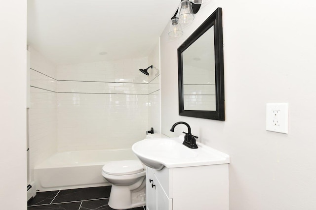 full bathroom featuring vanity, a baseboard heating unit, shower / bathing tub combination, toilet, and tile patterned floors