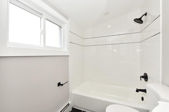 full bath with toilet, bathtub / shower combination, and vaulted ceiling