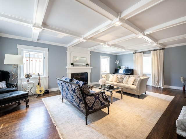 living room featuring wood finished floors, baseboards, coffered ceiling, beam ceiling, and a fireplace