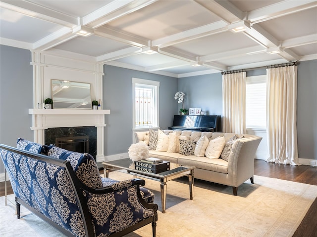 living area with baseboards, coffered ceiling, wood finished floors, and a fireplace