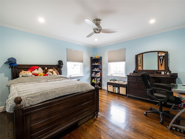 bedroom featuring baseboards, ornamental molding, recessed lighting, wood finished floors, and a ceiling fan